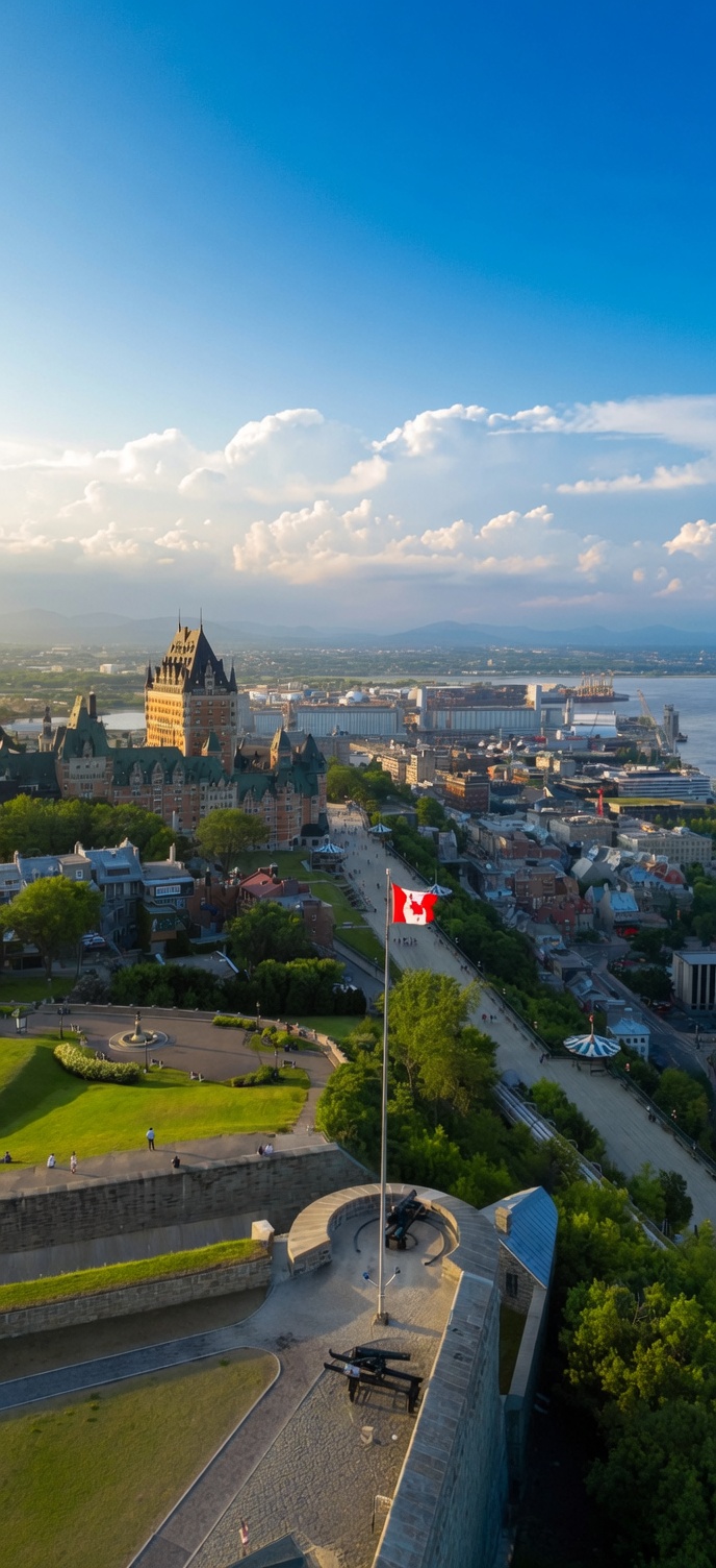 Quebec City with Canadian flag and Château Frontenac